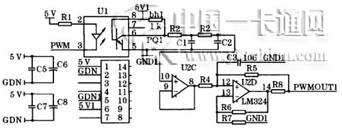 PWM信號濾波調(diào)理作為D／A輸出電路圖